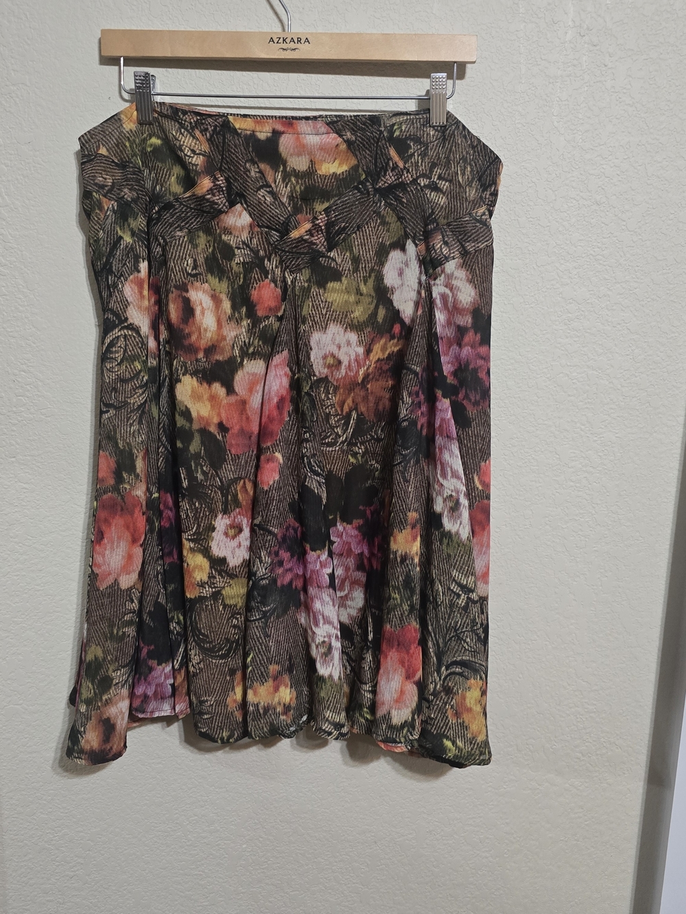 Coldwater Creek Brown A-Line Skirt with Pink, Coral and Olive Floral Print